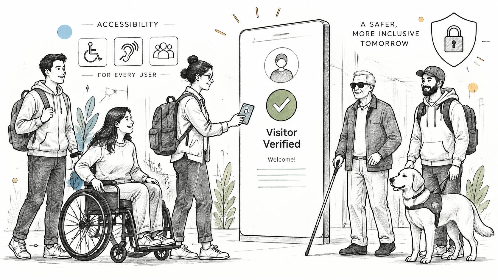 A diverse group of people using an accessible digital visitor verification system on a smartphone screen.