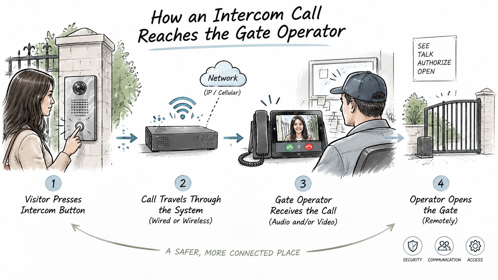 A diagram illustrating how an intercom call is processed from a visitor to a gate operator.