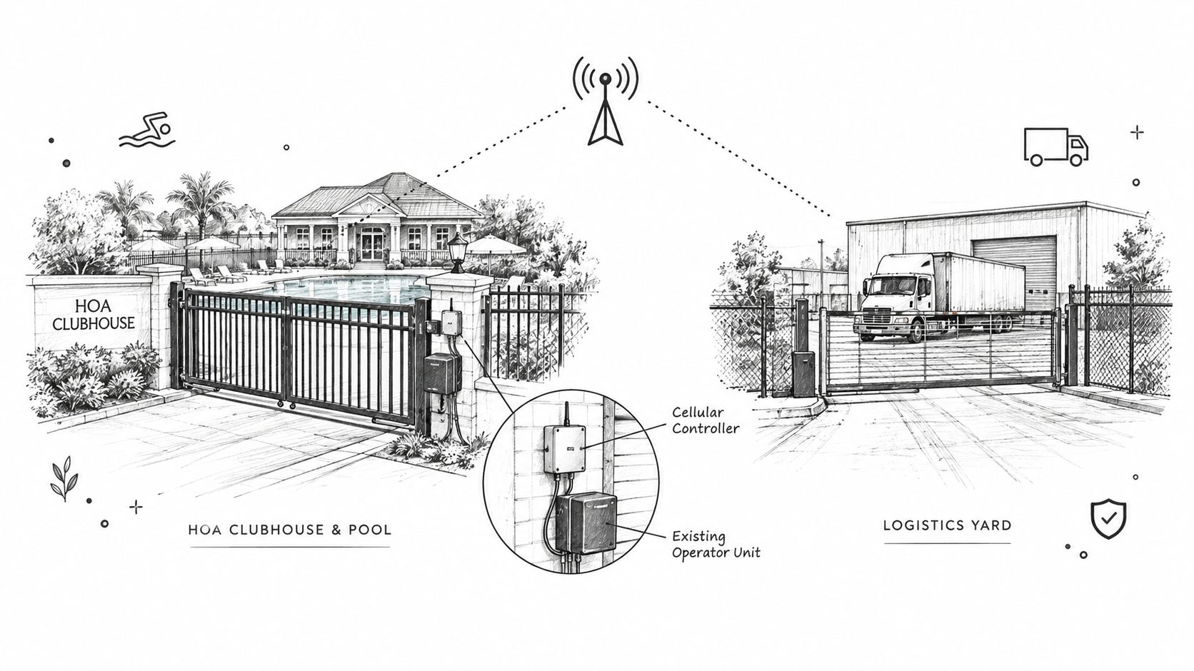 A diagram illustrating a cellular gate control system connecting an HOA clubhouse gate and a logistics yard.