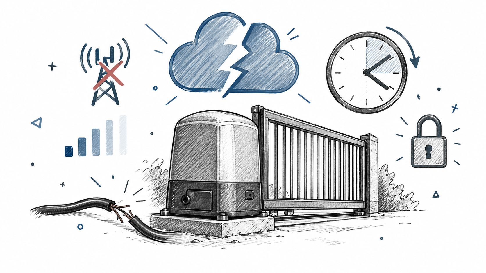 A pencil sketch illustration showing a broken gate motor with connection issues, cloud outage, and security lock symbols.