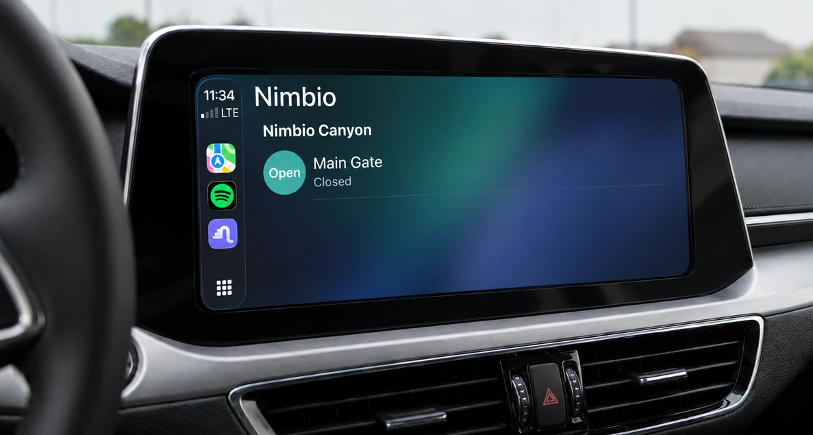 Apple CarPlay screen in a vehicle dashboard showing the Nimbio app with an Open button for the Main Gate at Nimbio Canyon