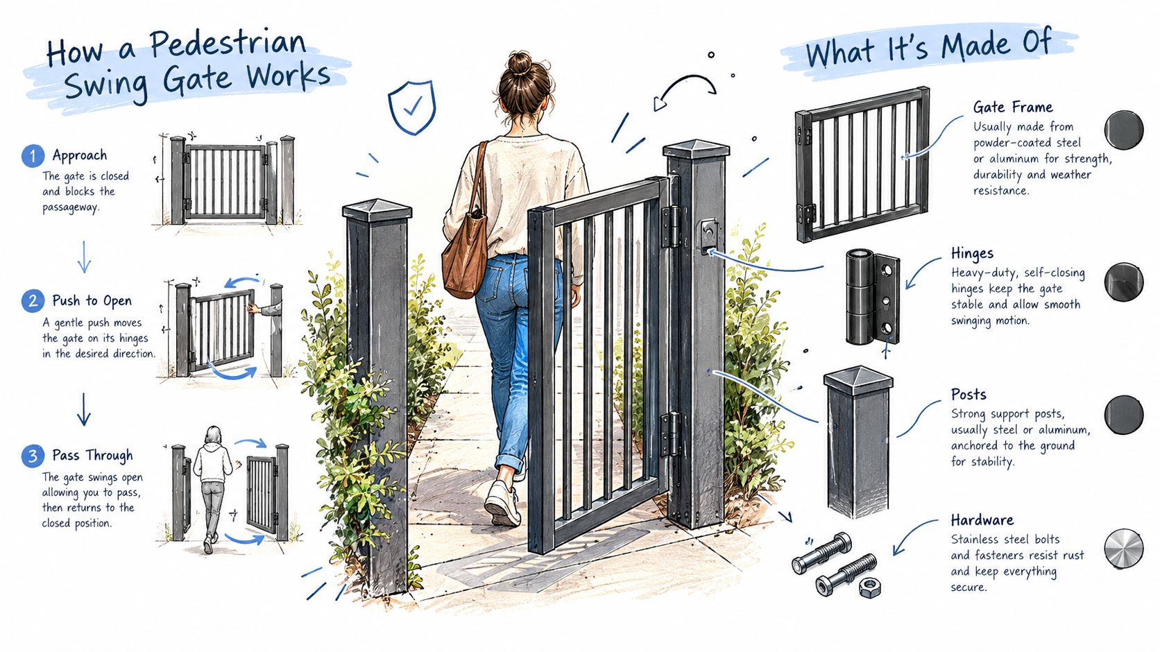 An illustrated diagram explaining the operation and components of a pedestrian swing gate for outdoor access.