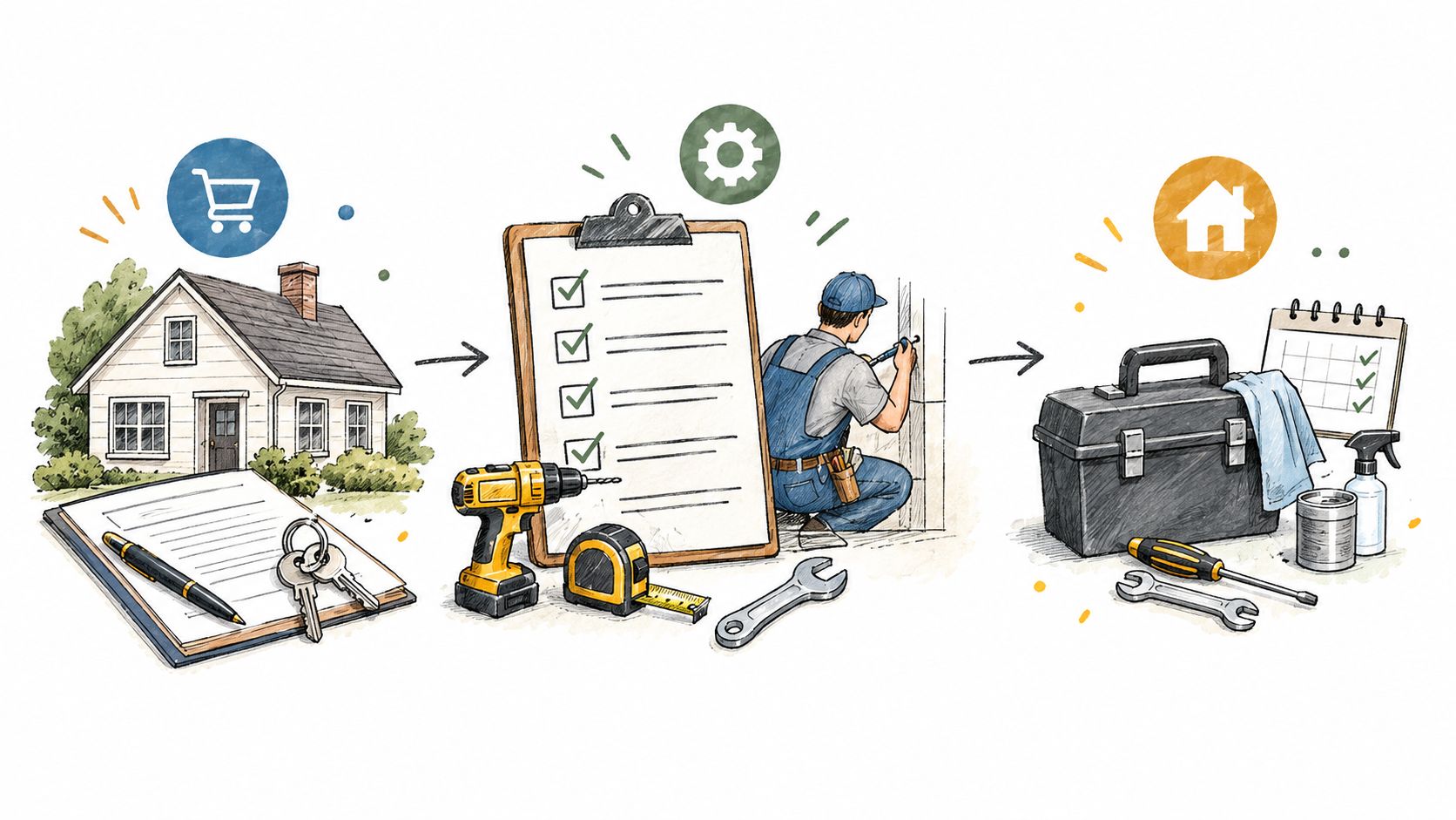 A three-step illustration showing the process of buying, repairing, and maintaining a home with professional services.