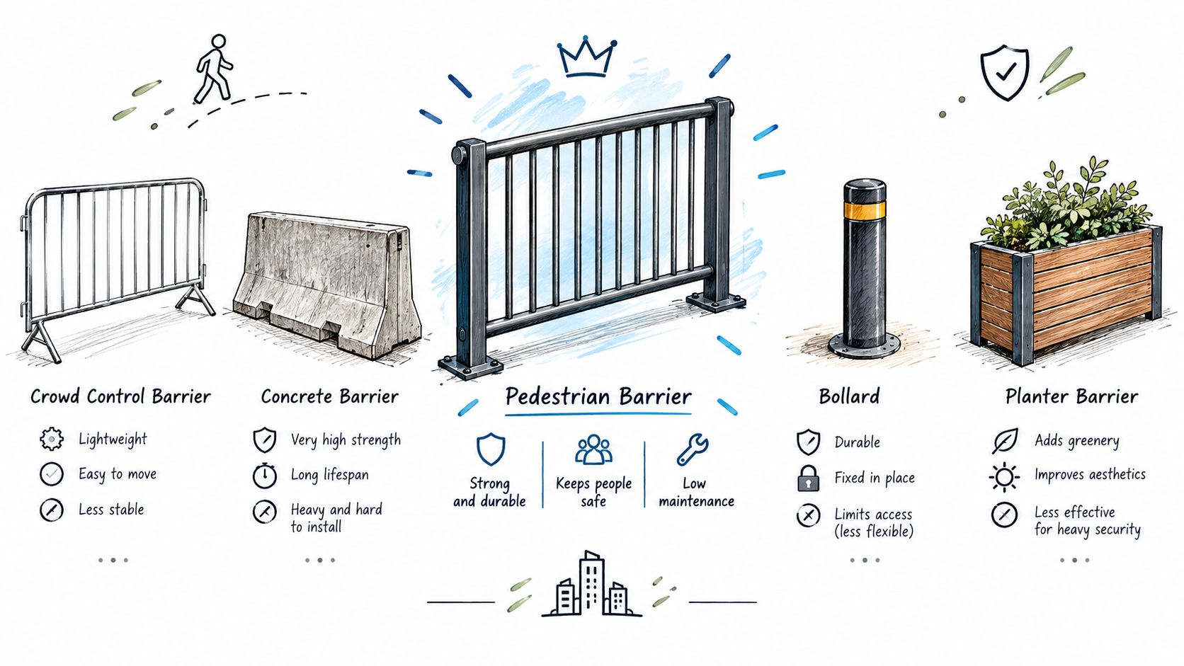 An infographic illustrating various types of pedestrian barriers including crowd control, concrete, bollards, and planter designs.