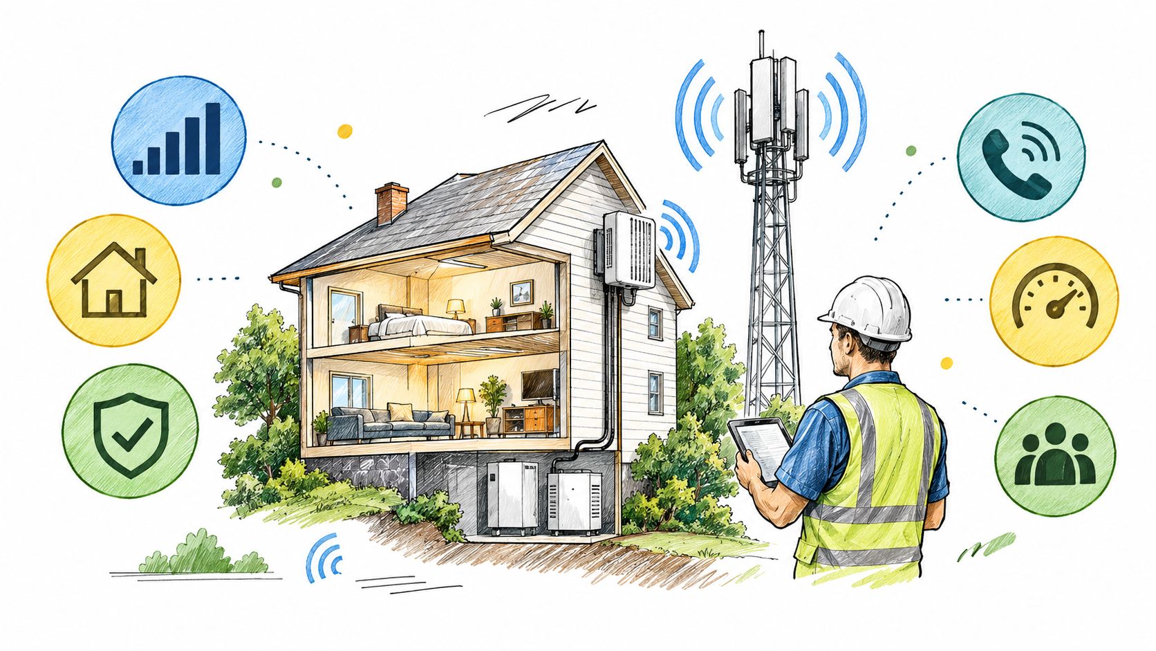 A technician using a tablet to monitor a smart home connected to a 5G wireless communication tower.