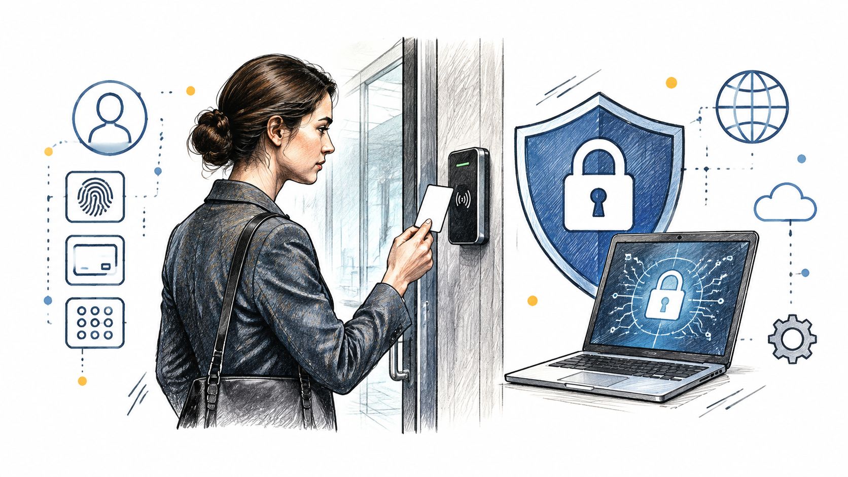 A professional woman uses a key card to access a secure building entrance with digital security symbols.