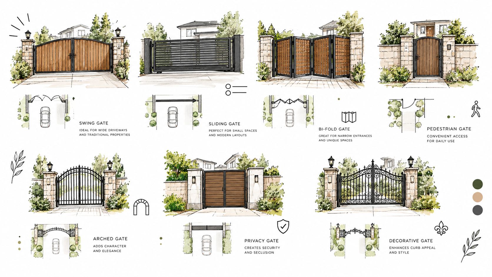 A detailed illustration showing various types of residential gates including swing, sliding, bi-fold, and decorative gate designs.