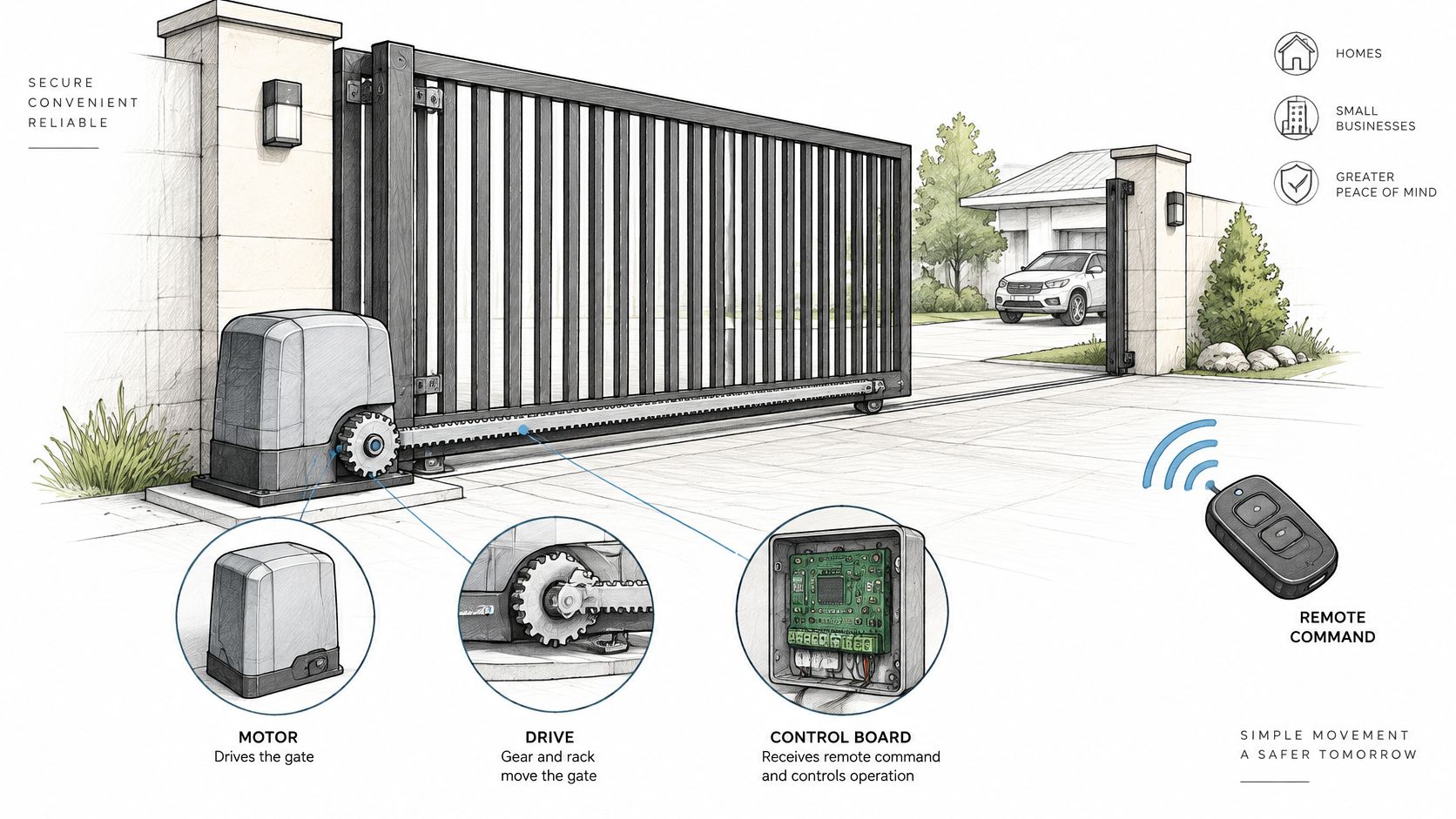 A detailed technical illustration of an automatic slide gate operator system with remote control and components.