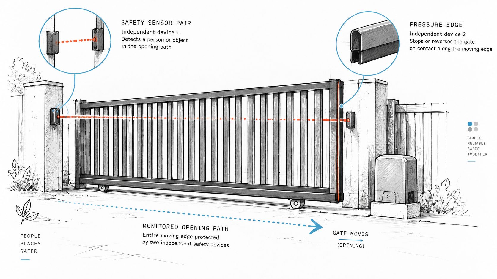 A diagram illustrating safety sensors and a pressure edge on a sliding gate system for automatic operation.