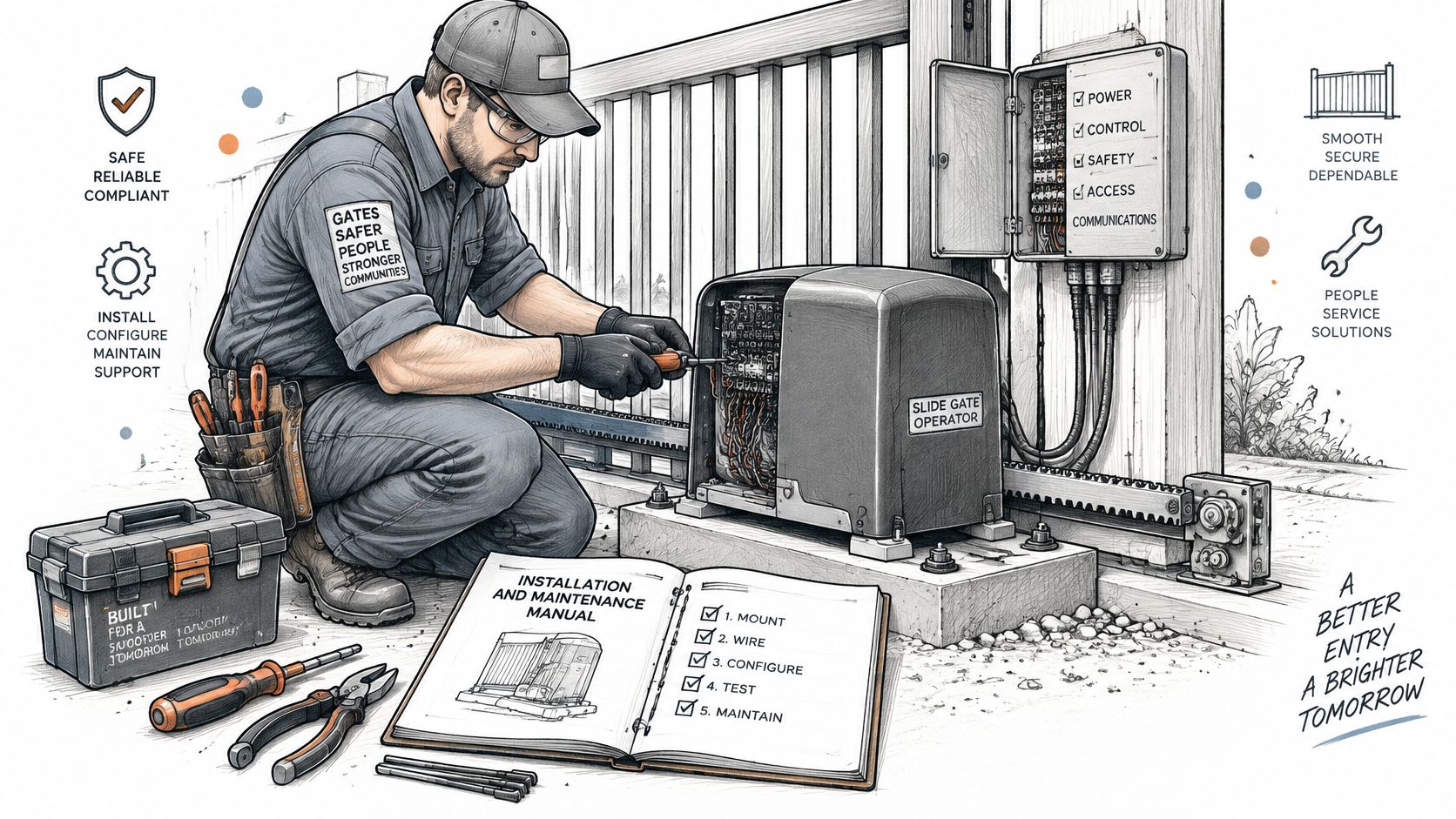 A professional technician wearing a cap installs and maintains a commercial slide gate operator system outdoors.
