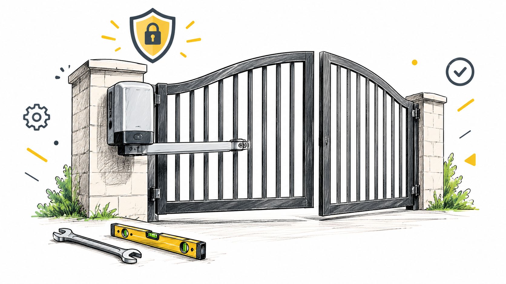 A professional automatic swing gate opener kit installed on a stone pillar with installation tools nearby.