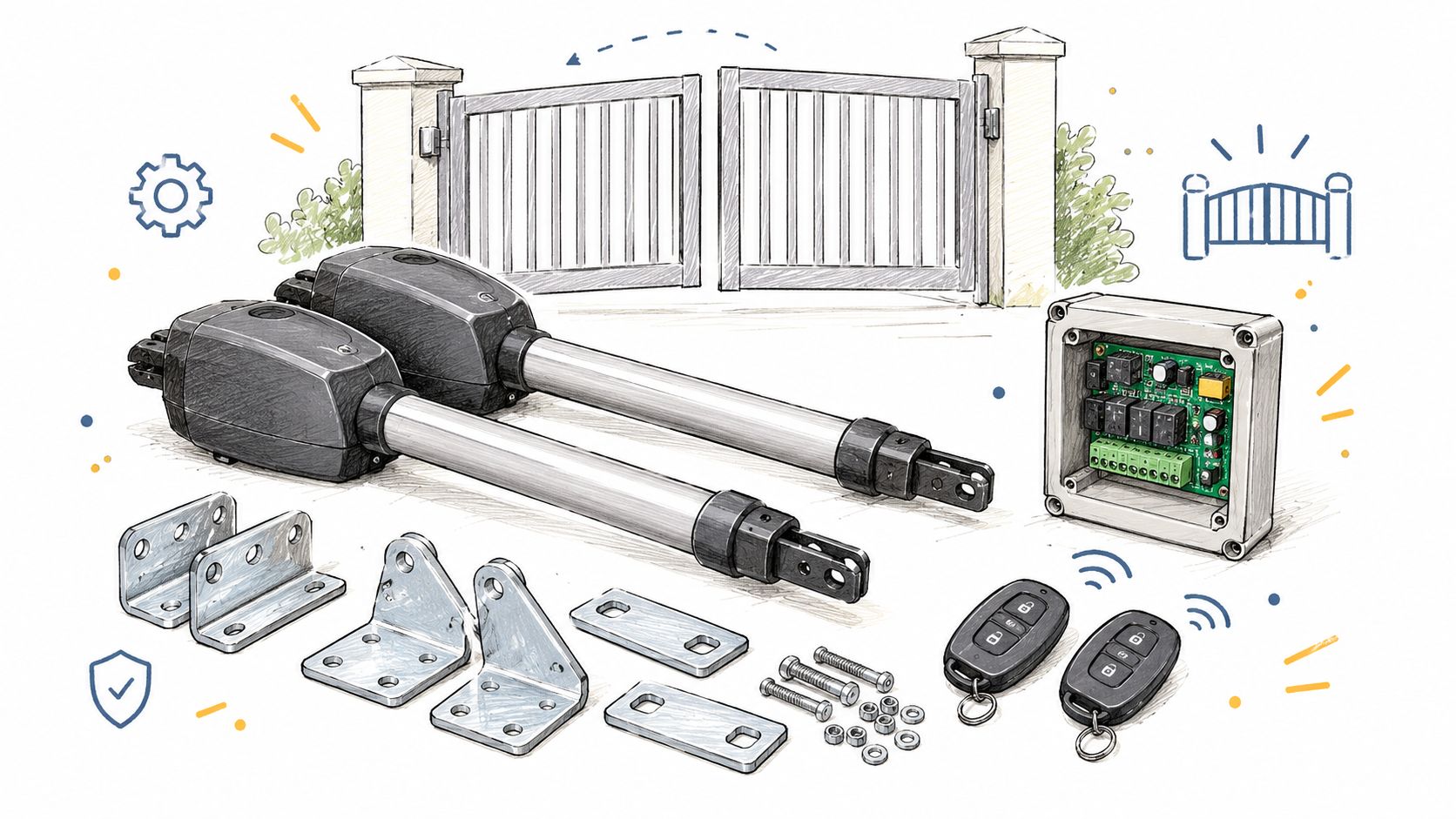 A complete swing gate opener kit featuring two actuators, a control board, brackets, and remote controls.
