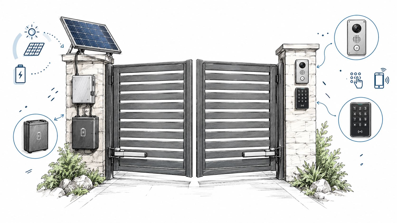 A modern solar-powered electric swing gate opener kit with camera intercom and digital keypad security systems.