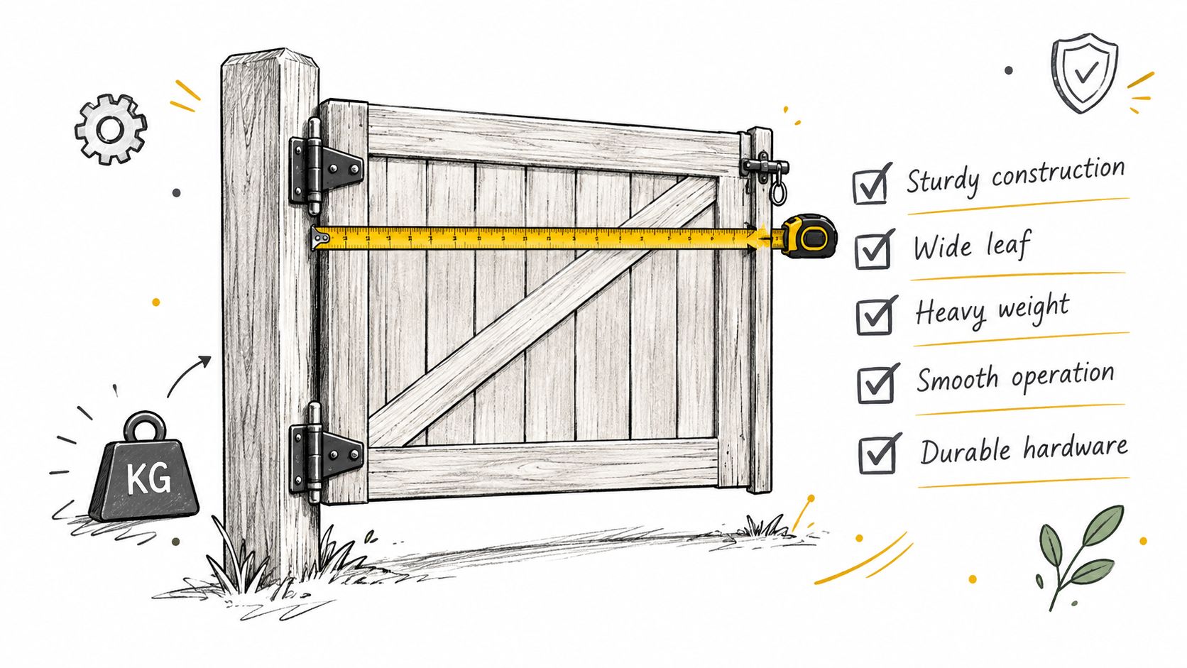 A wooden swing gate with a measuring tape, emphasizing sturdy construction, heavy weight, and durable hardware.