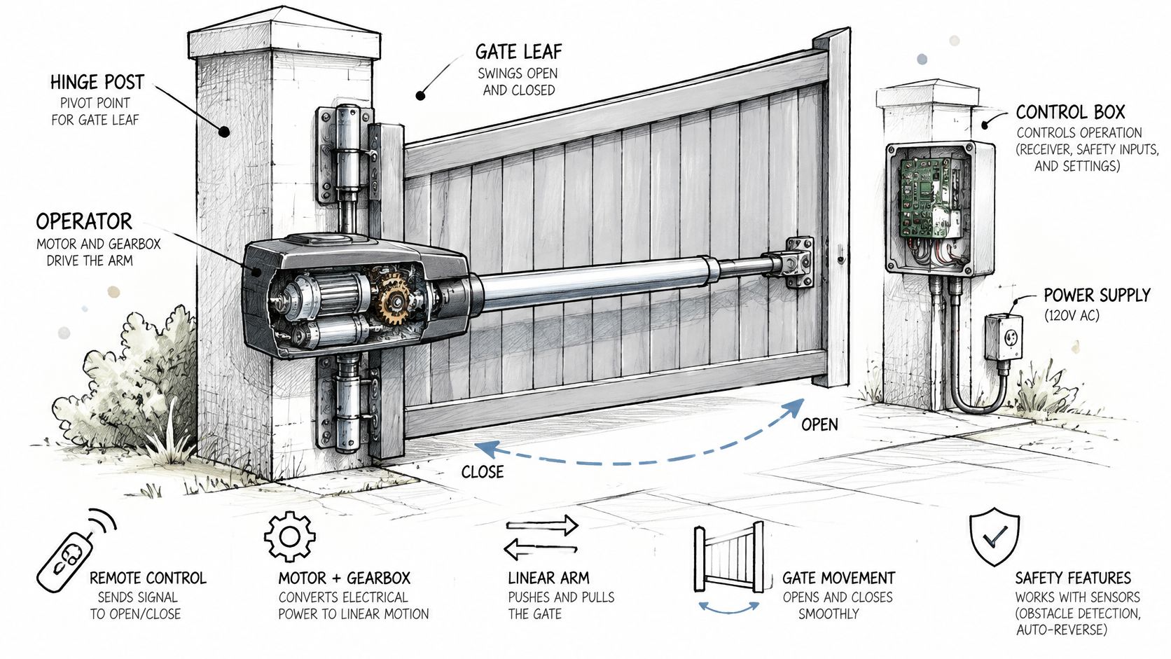 An illustrated diagram labeling the components and functional mechanics of an automatic swinging gate operator system.