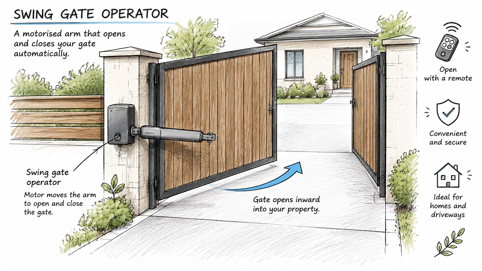 A diagram illustrating an automatic swing gate operator system installed on a residential driveway gate.