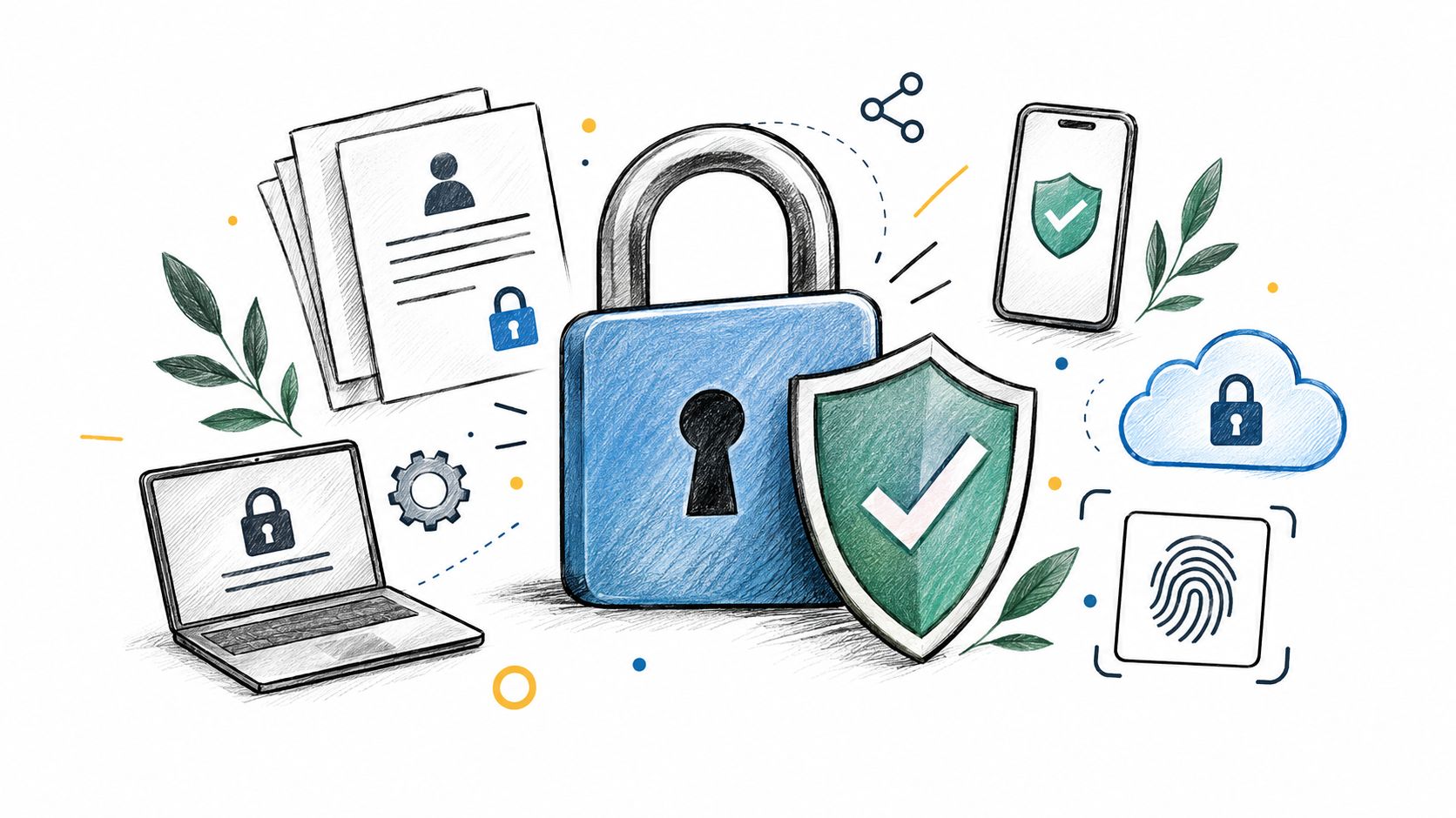 A digital security illustration showing a padlock, shield, smartphone, laptop, cloud, and fingerprint scanner icons.