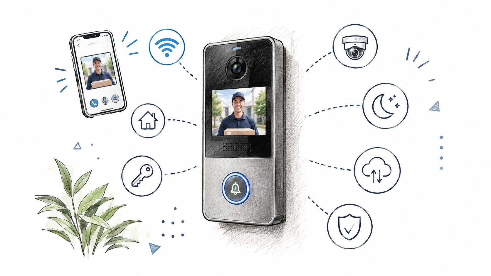 A modern video gate intercom system illustrating connectivity features like mobile app, security, night mode, and cloud access.