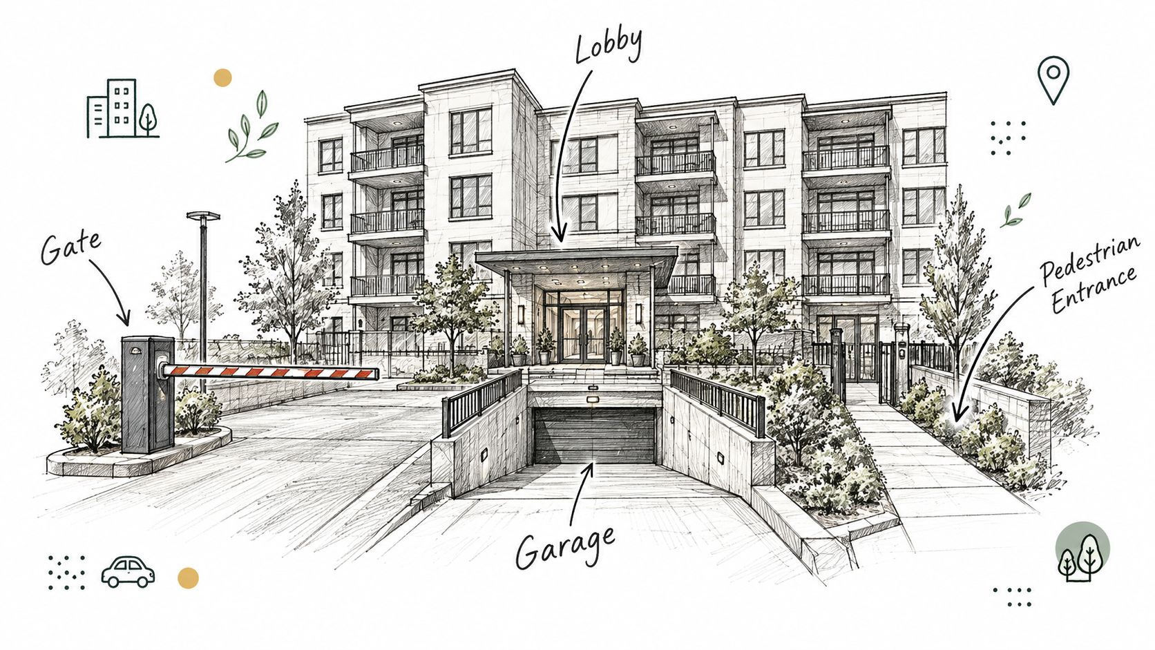 A detailed architectural sketch of a modern mid-rise apartment building featuring a lobby, gate, and garage entrance.