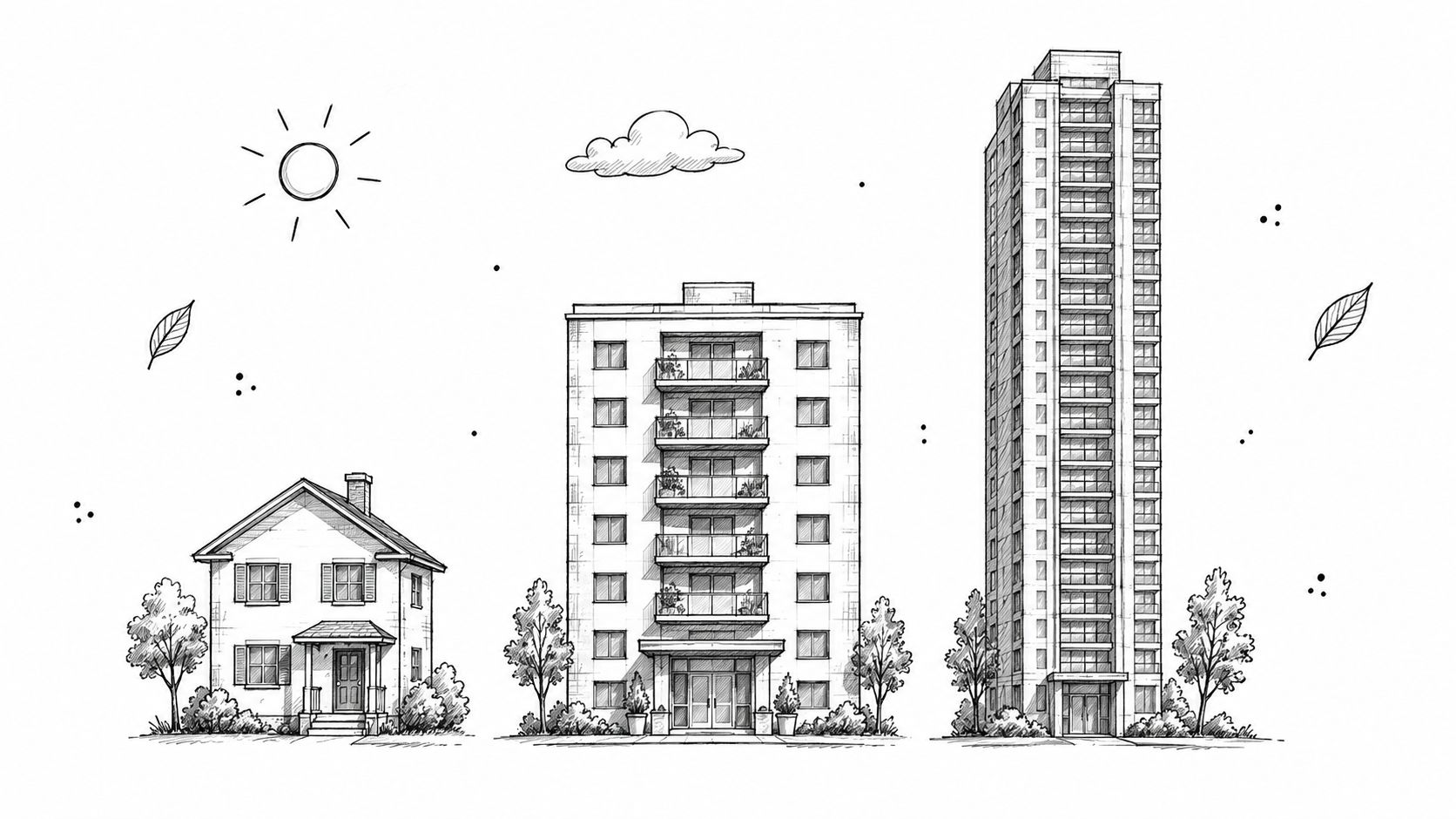 A pencil sketch illustration comparing a single-family house, a mid-rise apartment building, and a high-rise skyscraper.