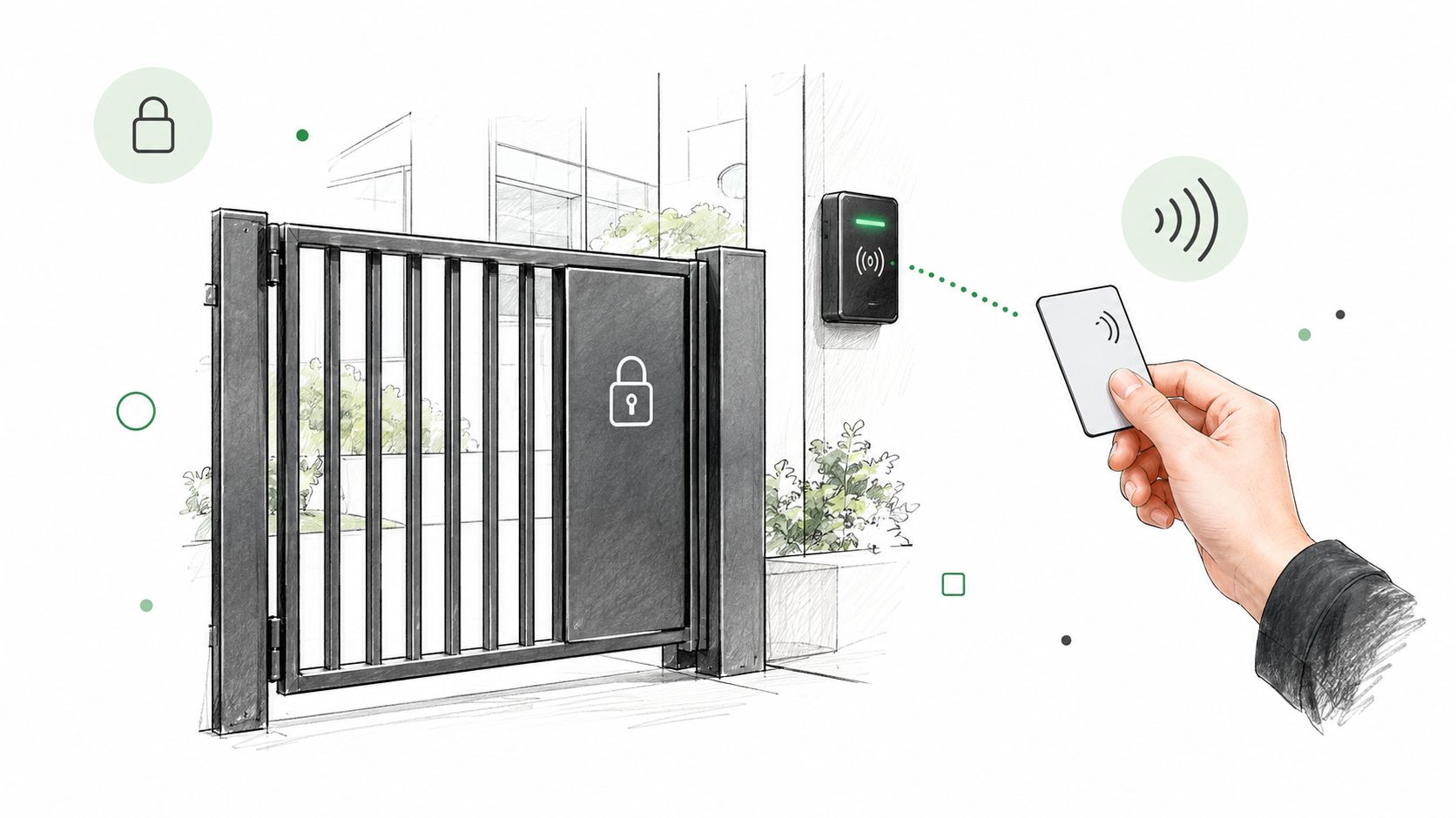 A hand using a wireless access control card to open a gate with a security scanner.