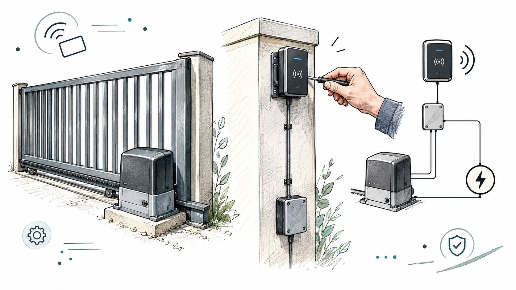 A hand using a screwdriver to install a wireless access control reader on a sliding gate pillar.